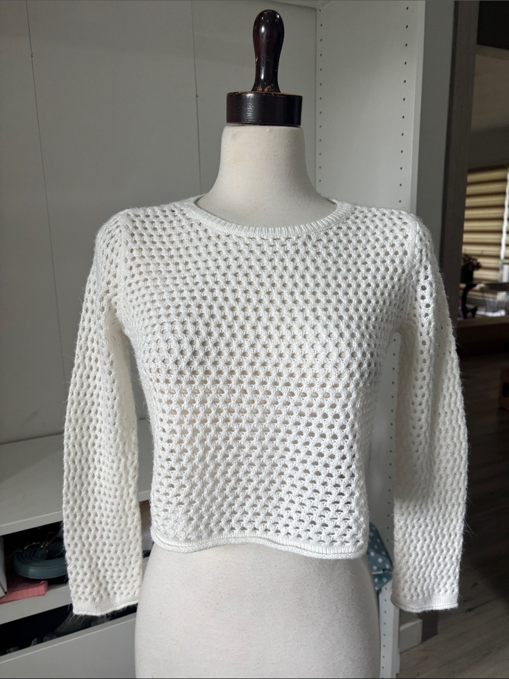 White Open-Knit Crewneck Sweater